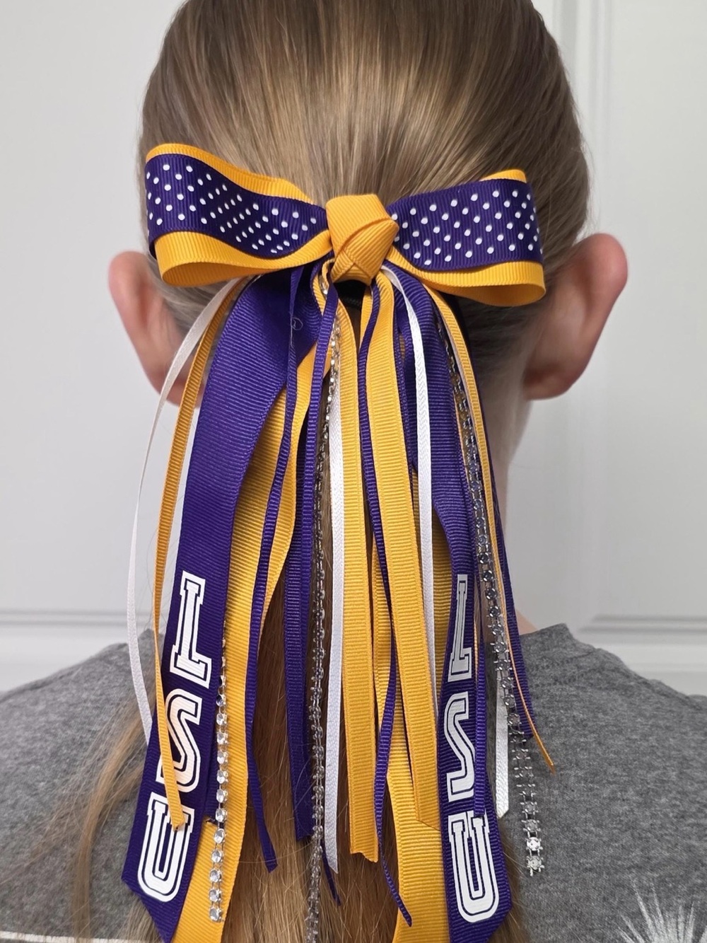 LSU Purple & Gold Layered Ribbon Hair Bow Clip with White Accent